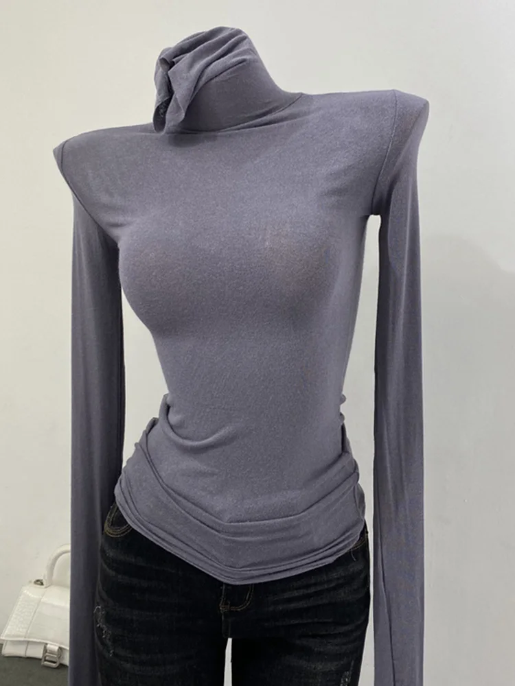 Thin Soft American Long Sleeve T-shirt High Stacked Neck Tight Perspective Bottom Shirt Women's Slim Fit Tops Sexy Streetwear - Image 2