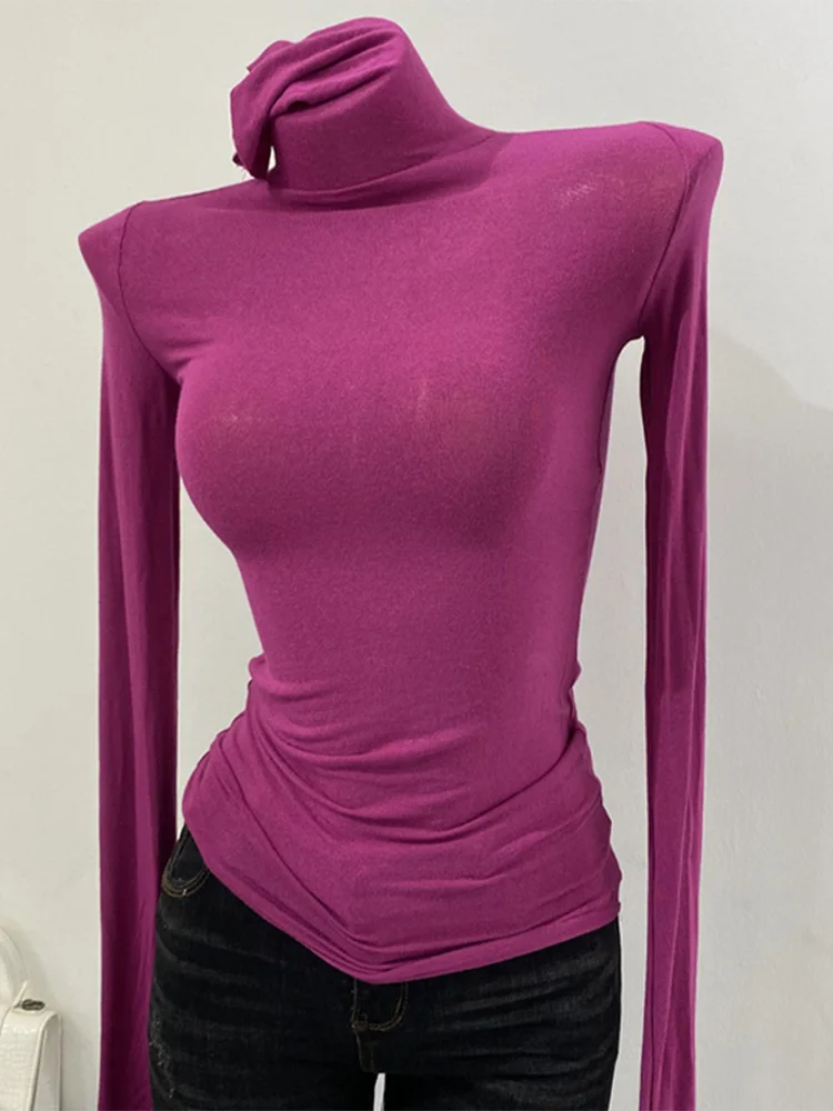 Thin Soft American Long Sleeve T-shirt High Stacked Neck Tight Perspective Bottom Shirt Women's Slim Fit Tops Sexy Streetwear - Image 5