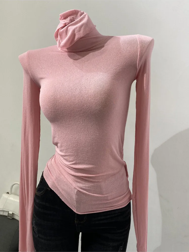 Thin Soft American Long Sleeve T-shirt High Stacked Neck Tight Perspective Bottom Shirt Women's Slim Fit Tops Sexy Streetwear - Image 3