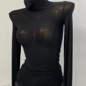 Thin Soft American Long Sleeve T-shirt High Stacked Neck Tight Perspective Bottom Shirt Women's Slim Fit Tops Sexy Streetwear