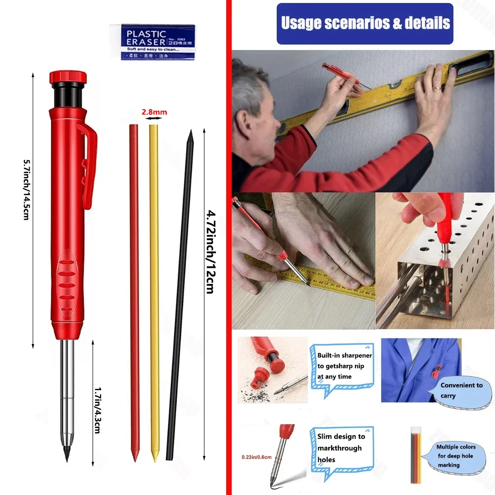 Top Solid Carpenter Mechanical Pencil Woodworking Long Head Deep Hole Markers Pen Pencils Refill Leads Sharpener Stationery - Image 2