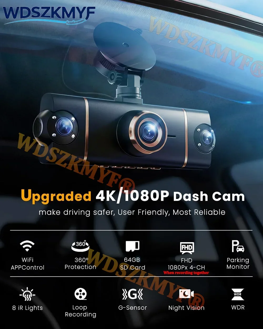 UHD 4K 1080P Car Dash Cam 4CH Car DVR 360° WIFI APP Video Recorder Front With Rear View Night Vision 4K Black Box - Image 2