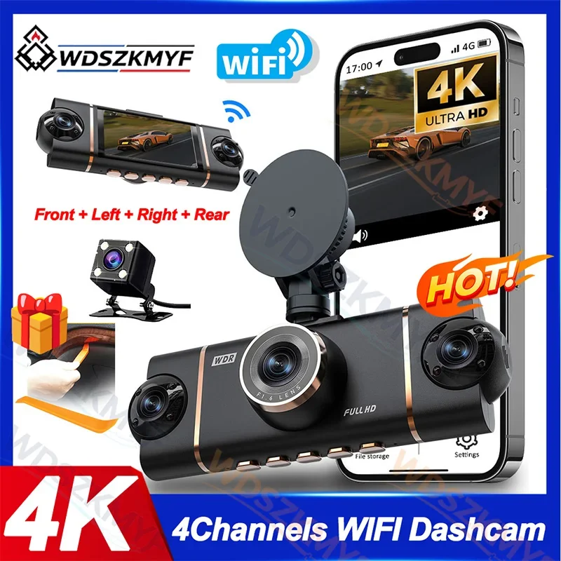UHD 4K Dash Cam WiFi Car DVR Front and Rear 360 Surround Quad Lens 4 Channel Dashcam Recorder Night Vision Parking Mode