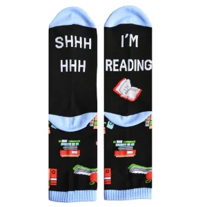 Unisex Funny Saying Novelty Cotton Crew Socks Shhh I Am Reading Letters Cartoon Books Print Mid Tube Stockings Xmas Gift