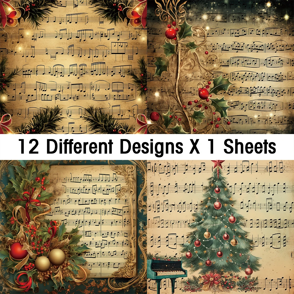 Vintage Christmas Sheet Music Scrapbook Paper Set,12sheets Xmas Decorative Decoupage Paper for DIY Crafts,Gift Wrap,Scrapbooking - Image 5