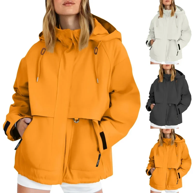 Waterproof Hiking Jacket Women Solid Color Long Sleeve Hooded Casual Sport Cargo Coat Women's Outdoor Windproof Windbreaker Coat - Image 2