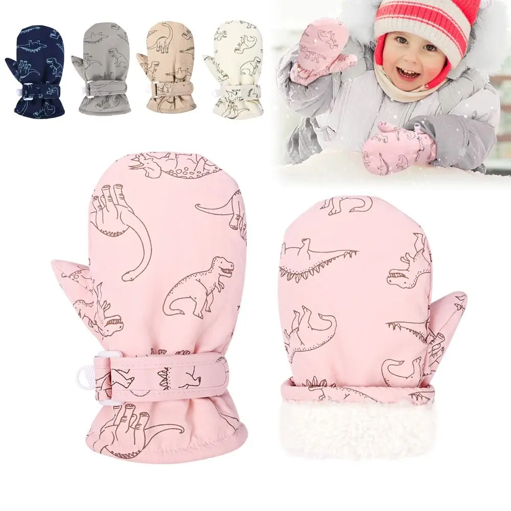 Waterproof Windproof Skiing Snow Gloves For Kids Toddler Cartoon Dinosaur Print Thickened Fleece Warm Winter Baby Gloves - Image 2