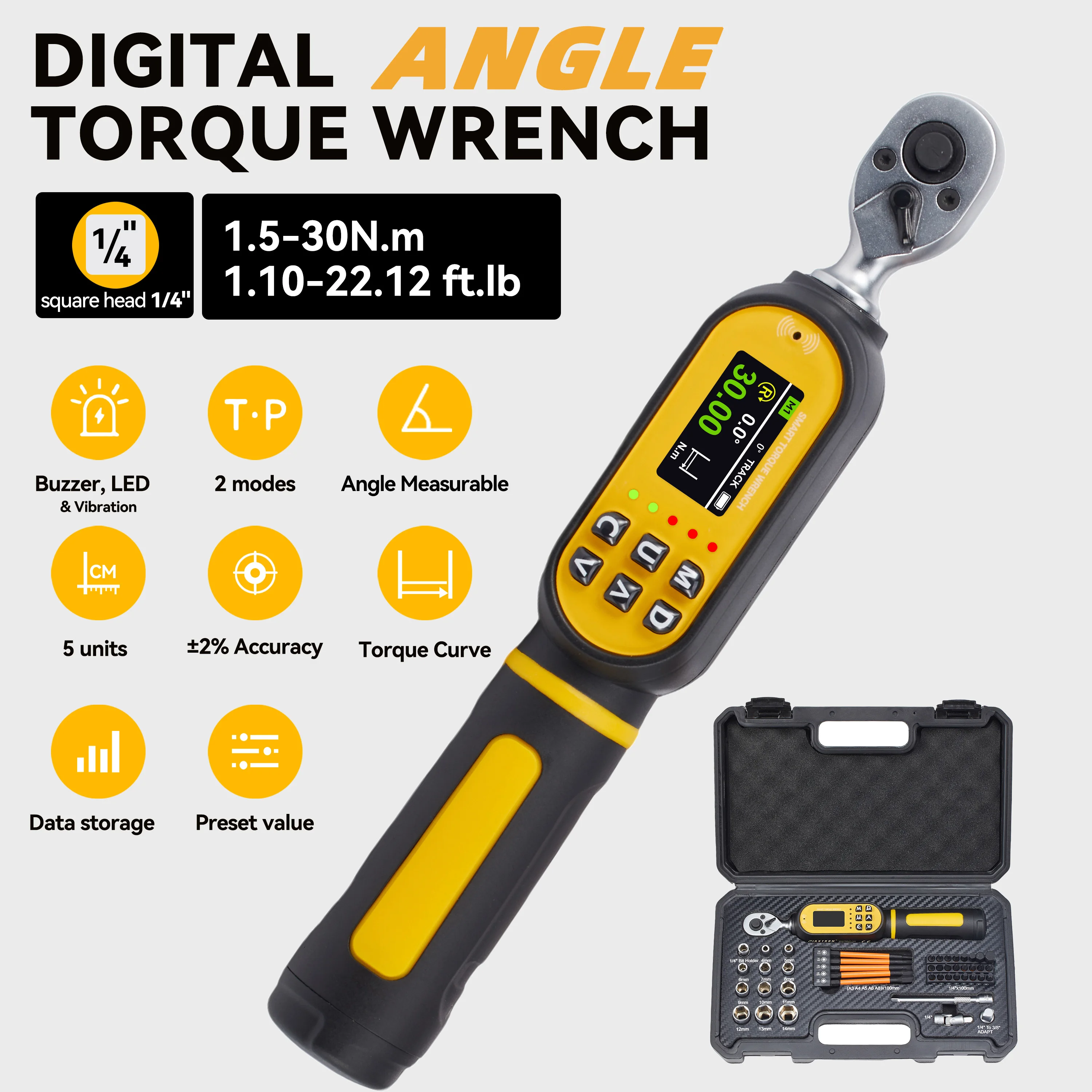 Waxtron 1/4'' Digital Angle Torque Wrench Set 1.5-30N.m Accuracy ±2% Angle Torque Wrench 45PCS Torque Spanner For Bicycle Repair