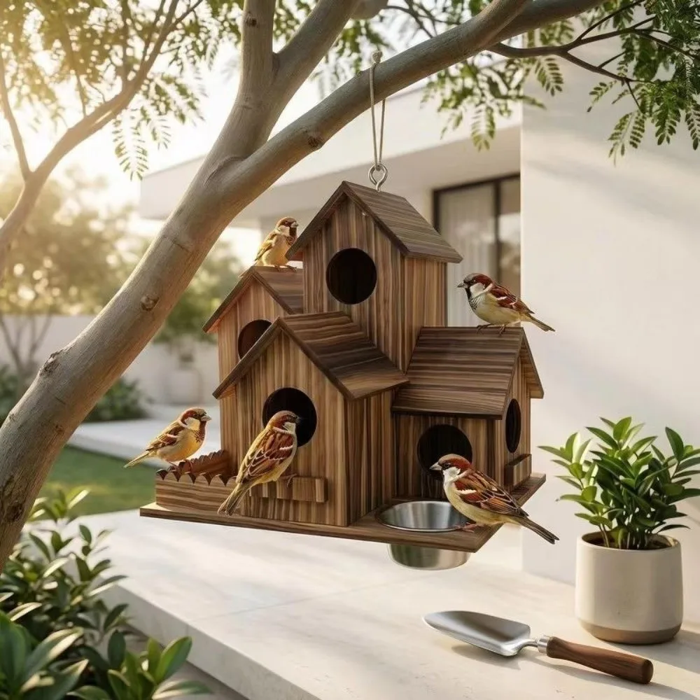 Weather Resistant Wooden Bird House Feeder Thickened Rustic Style Bird Villa Nest Handmade Multiple Holes Wild Birds Habitat - Image 4