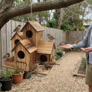 Weather Resistant Wooden Bird House Feeder Thickened Rustic Style Bird Villa Nest Handmade Multiple Holes Wild Birds Habitat
