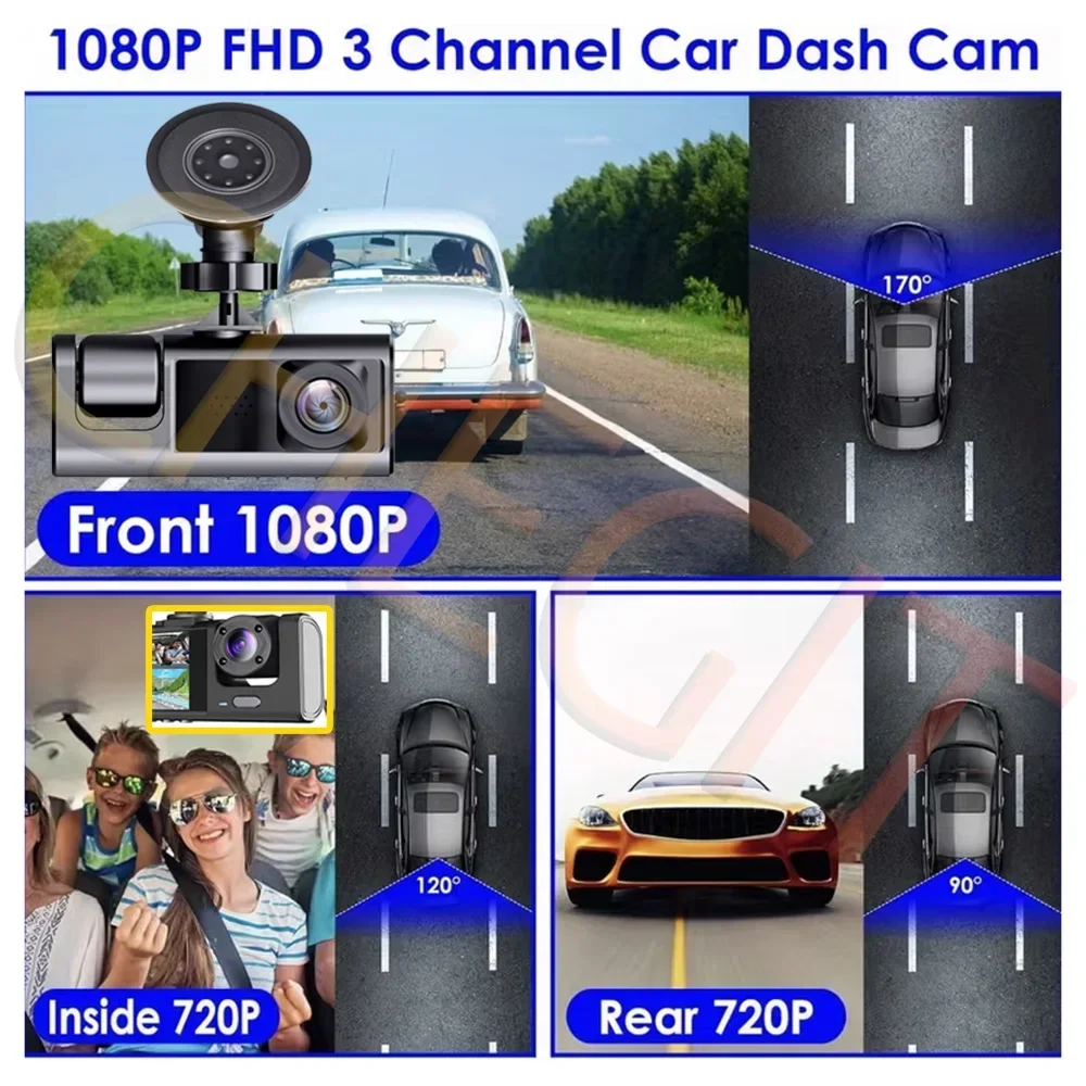 Wifi 3 Channel Dash Cam Night Vision Loop Recording & 2" IPS Screen 1080P 2/3Camera DVR Recorder, Video Recorder, Vehicle DVR - Image 2