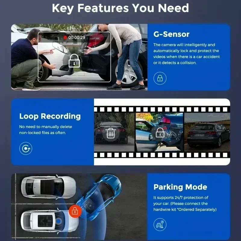 Wifi 3 Channel Dash Cam Night Vision Loop Recording & 2" IPS Screen 1080P 2/3Camera DVR Recorder, Video Recorder, Vehicle DVR - Image 6