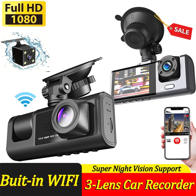 Wifi 3 Channel Dash Cam Night Vision Loop Recording & 2" IPS Screen 1080P 2/3Camera DVR Recorder, Video Recorder, Vehicle DVR