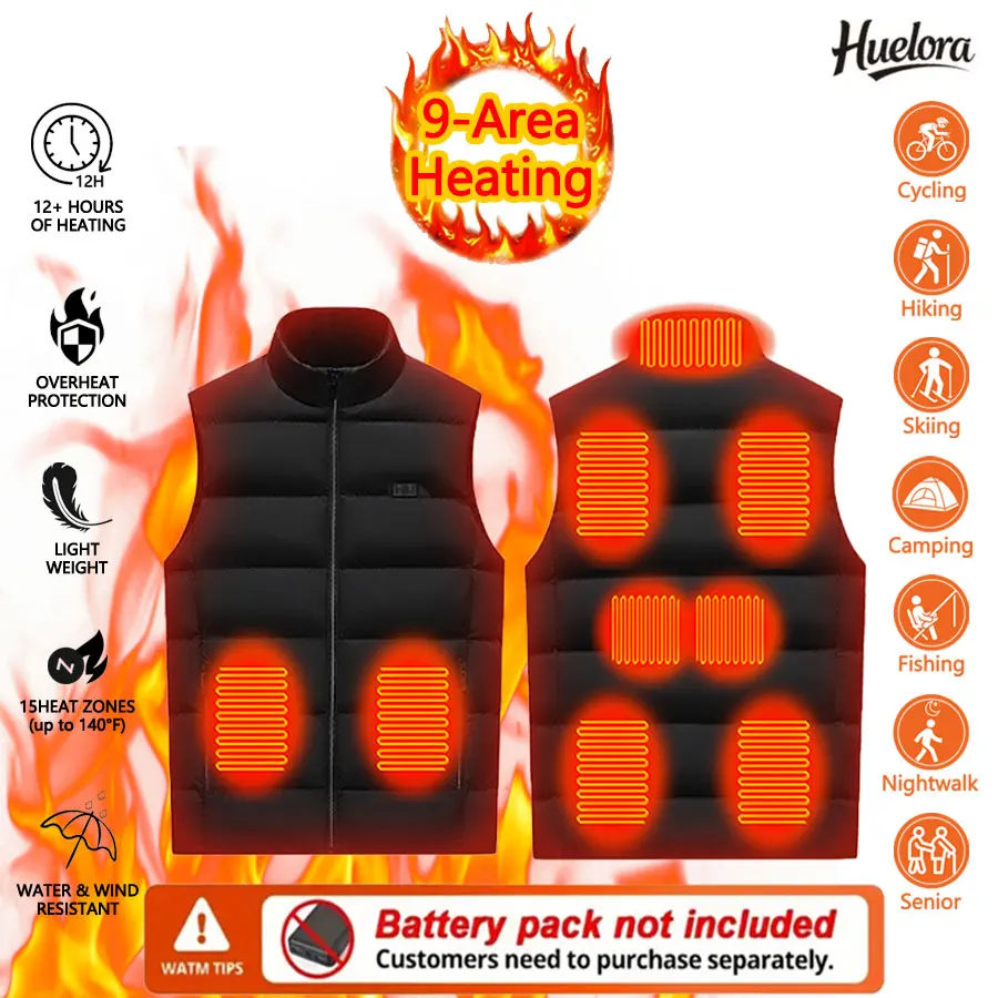 Winter 9 Area Heating Vest Unisex Stand-up Collar Heated Vest Heating Outdoor Sports Jacket Vest(Not Included The Power Bank)