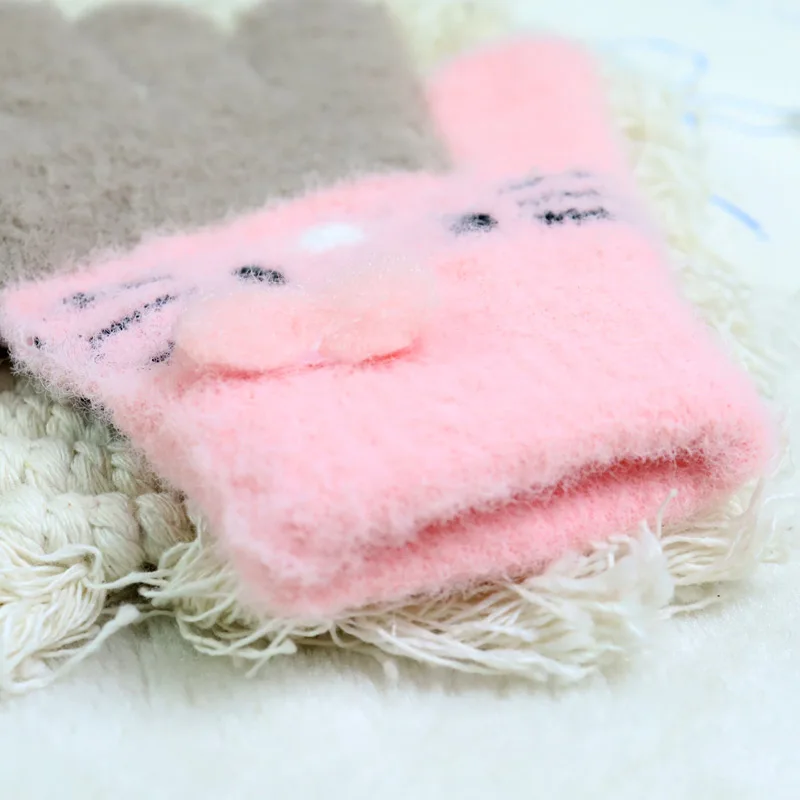 Winter Warm Woolen Gloves for 4-10 Years Old Cute Cartoon Cat Fingers Children's Color Block Gloves - Image 2