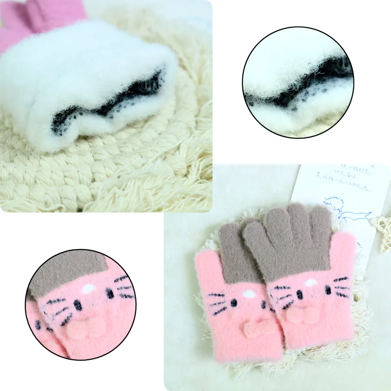 Winter Warm Woolen Gloves for 4-10 Years Old Cute Cartoon Cat Fingers Children's Color Block Gloves - Image 3