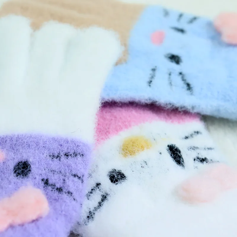 Winter Warm Woolen Gloves for 4-10 Years Old Cute Cartoon Cat Fingers Children's Color Block Gloves - Image 6