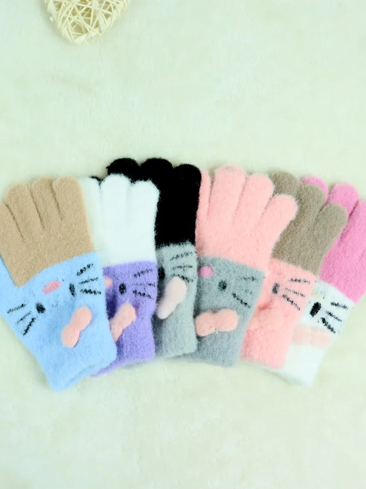 Winter Warm Woolen Gloves for 4-10 Years Old Cute Cartoon Cat Fingers Children's Color Block Gloves - Image 4