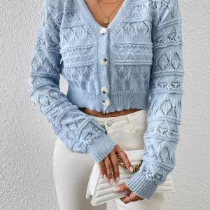 Women Short Knitted Cardigan V-Neck Hollow Pattern Button Down Elastic Knit Long Sleeve Brown Cropped Sweater Outer Top