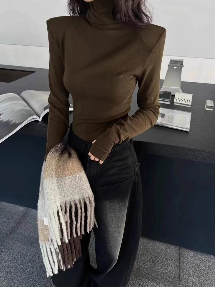 Women's High Neck Long Sleeve Top 2026 Spring New Korean Minimalist No Cuff Sleeve Design Structured Shoulder Slim Fit Knitwear - Image 5