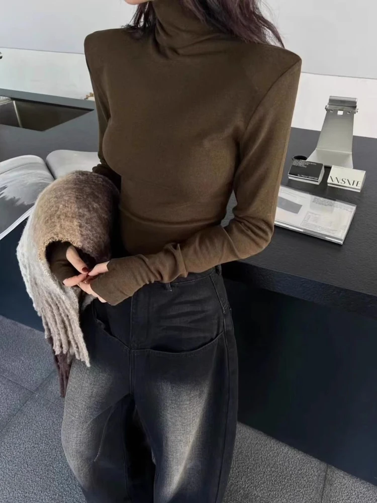 Women's High Neck Long Sleeve Top 2026 Spring New Korean Minimalist No Cuff Sleeve Design Structured Shoulder Slim Fit Knitwear - Image 6