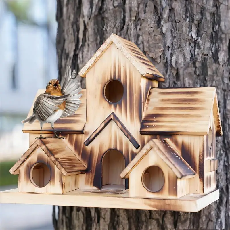 Wooden Bird Feeding Birdhouse 5 Hole Bird Cage Room Outdoor Garden Bird Nesting Box Small Pet Supplies Decoration Garden Decor - Image 2