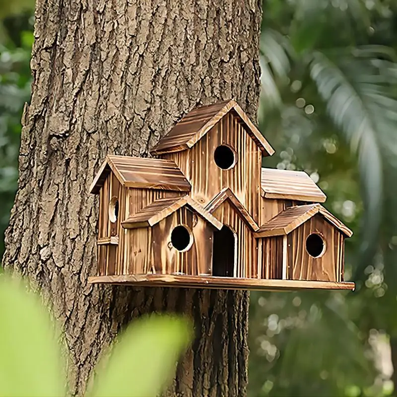 Wooden Bird Feeding Birdhouse 5 Hole Bird Cage Room Outdoor Garden Bird Nesting Box Small Pet Supplies Decoration Garden Decor