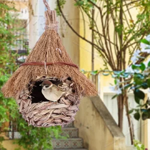 Wren Finch Hanging Bird House Hand Woven Bird Nesting House Grass Birds Hut Hummingbird House for Outside Indoor Lawn Patio Home