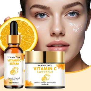 YOUNGCOME Vitamin C Skin Care Set For Women , Moisturizing Hyaluronic Acid Skin Care Routine with Serum, Face Cream 70g+60ml