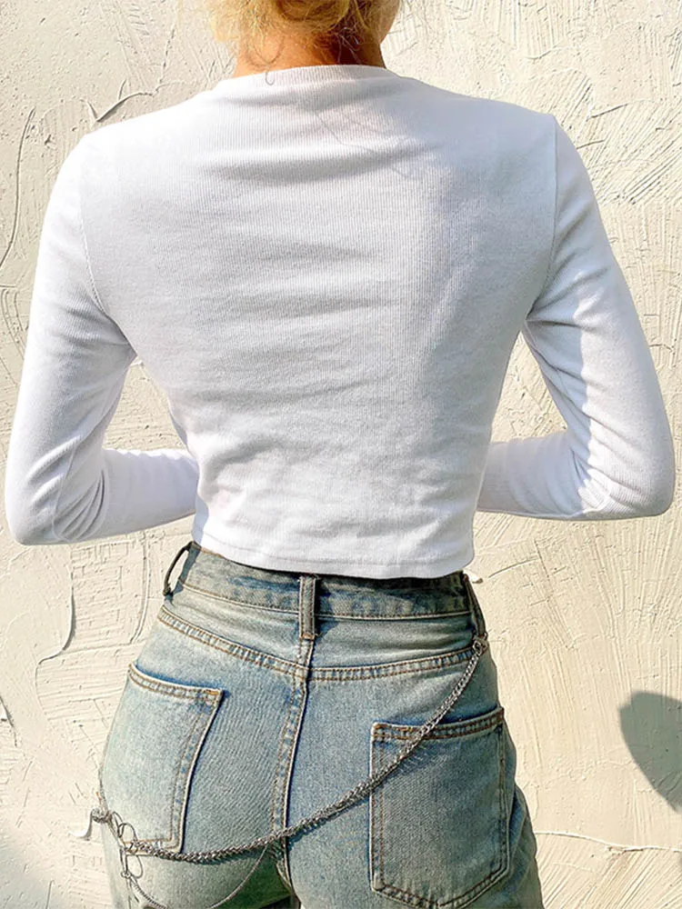 soild female tshirt knit long sleeve White Wild T Shirt casual fashion tee club simple women tops outfits - Image 6