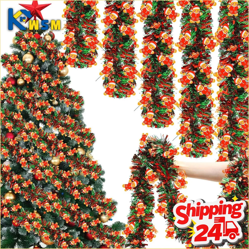 1--10PCS Christmas Tinsel Garland with Santa Claus Stocking Fringe Strips Hanging Ornament for Tree Fireplace Home Xmas Decor