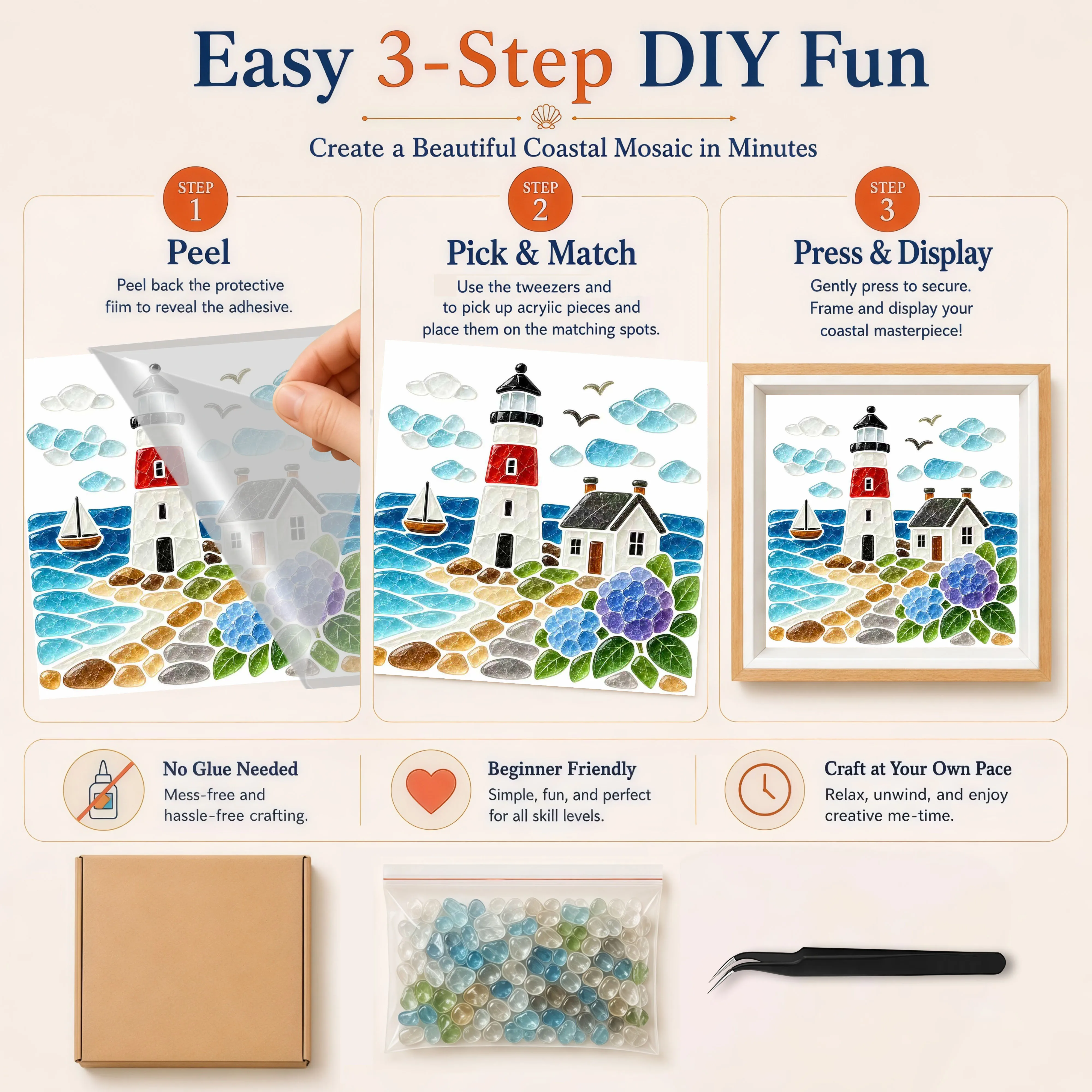 1 Piece of sea glass acrylic Mosaic set, sea view house Pattern with photo frame, no glue, Handmade DIY mother's Day gift - Image 6