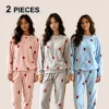 1 Sets Winter Thickened Warm Pajamas Sets For Women Coral Velvet Cute Strawberry Loungewear Female Leisure Thermal Nightwear New