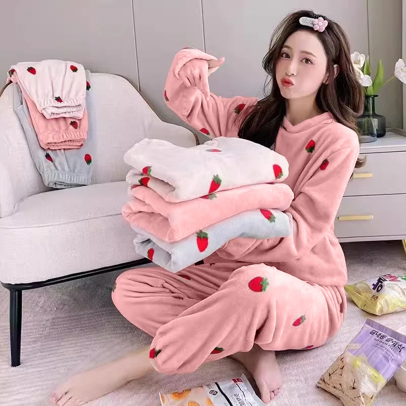 1 Sets Winter Thickened Warm Pajamas Sets For Women Coral Velvet Cute Strawberry Loungewear Female Leisure Thermal Nightwear New - Image 3