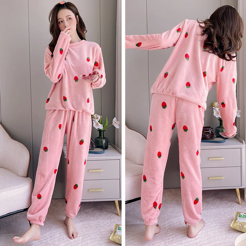 1 Sets Winter Thickened Warm Pajamas Sets For Women Coral Velvet Cute Strawberry Loungewear Female Leisure Thermal Nightwear New - Image 4