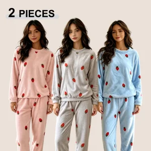1 Sets Winter Thickened Warm Pajamas Sets For Women Coral Velvet Cute Strawberry Loungewear Female Leisure Thermal Nightwear New