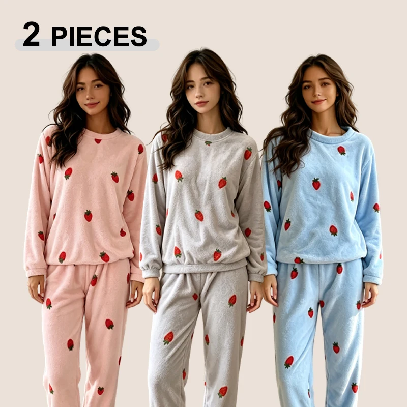 1 Sets Winter Thickened Warm Pajamas Sets For Women Coral Velvet Cute Strawberry Loungewear Female Leisure Thermal Nightwear New
