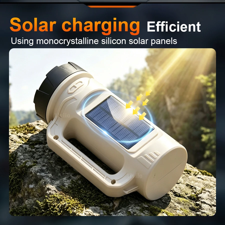 100000LM Super Bright Handheld Searchlight Solar+USB Rechargeable Flashlight IP65 Waterproof Torch for Camping Hiking Emergency - Image 2