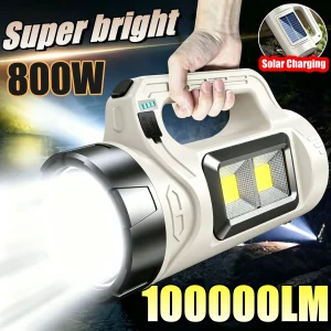 100000LM Super Bright Handheld Searchlight Solar+USB Rechargeable Flashlight IP65 Waterproof Torch for Camping Hiking Emergency