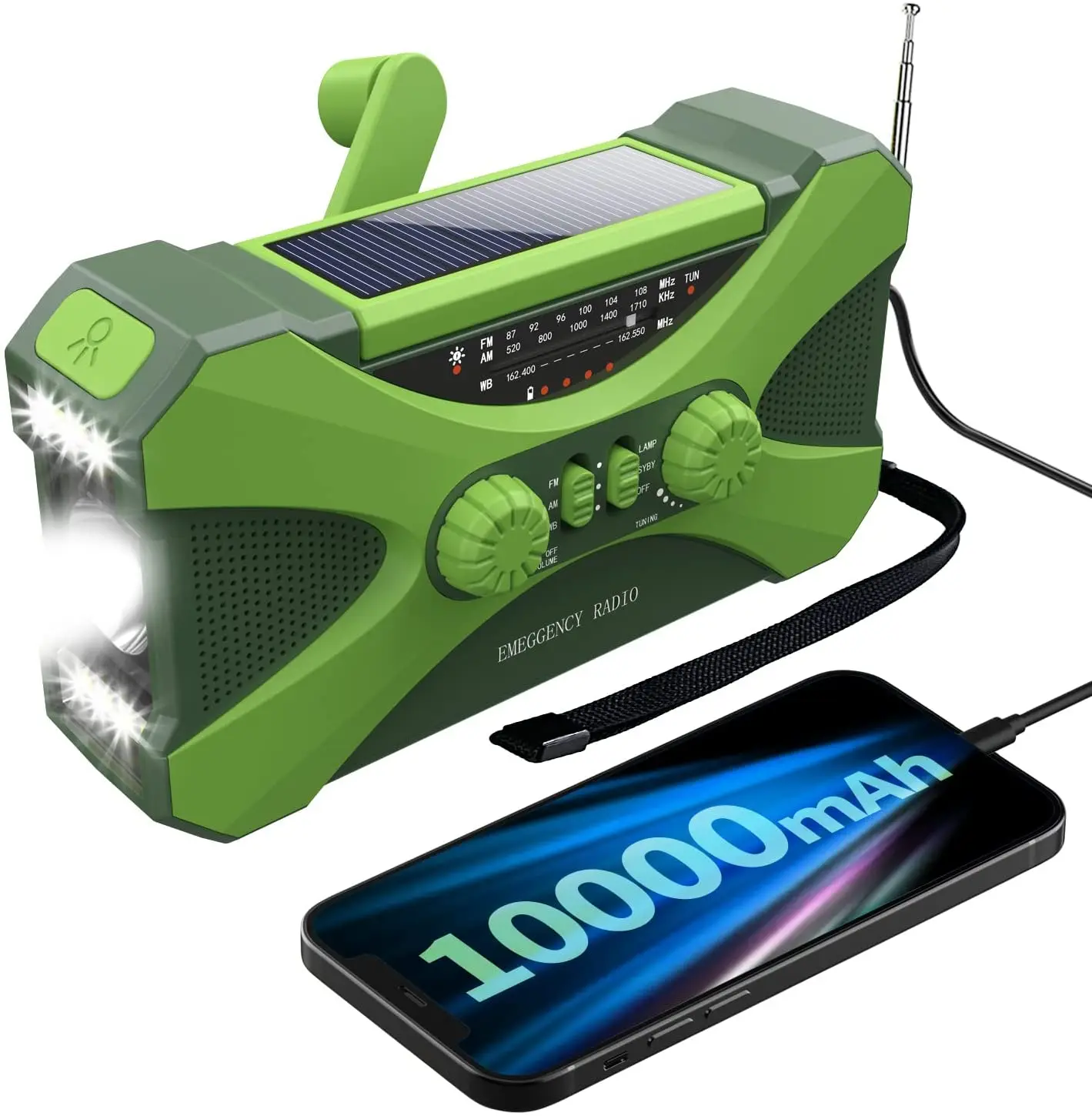 10000mAh Emergency Radio, Solar Hand Crank Radio, Portable AM/FM/NOAA Weather Radio with Cell Phone Charger, LED Flashlight - Image 6