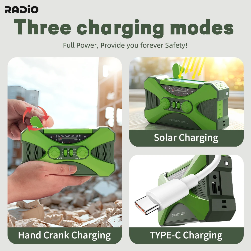 10000mAh Emergency Radio, Solar Hand Crank Radio, Portable AM/FM/NOAA Weather Radio with Cell Phone Charger, LED Flashlight - Image 4