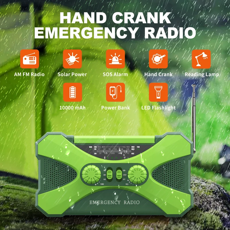 10000mAh Emergency Radio, Solar Hand Crank Radio, Portable AM/FM/NOAA Weather Radio with Cell Phone Charger, LED Flashlight