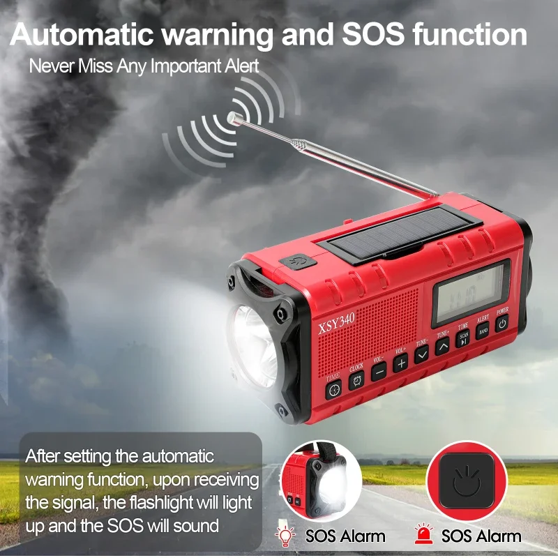 10000mAh Waterproof Emergency Radio Solar Hand Crank Weather Radios with AM/FM Flashlight Reading Lamp SOS Alarm for Outdoor - Image 3
