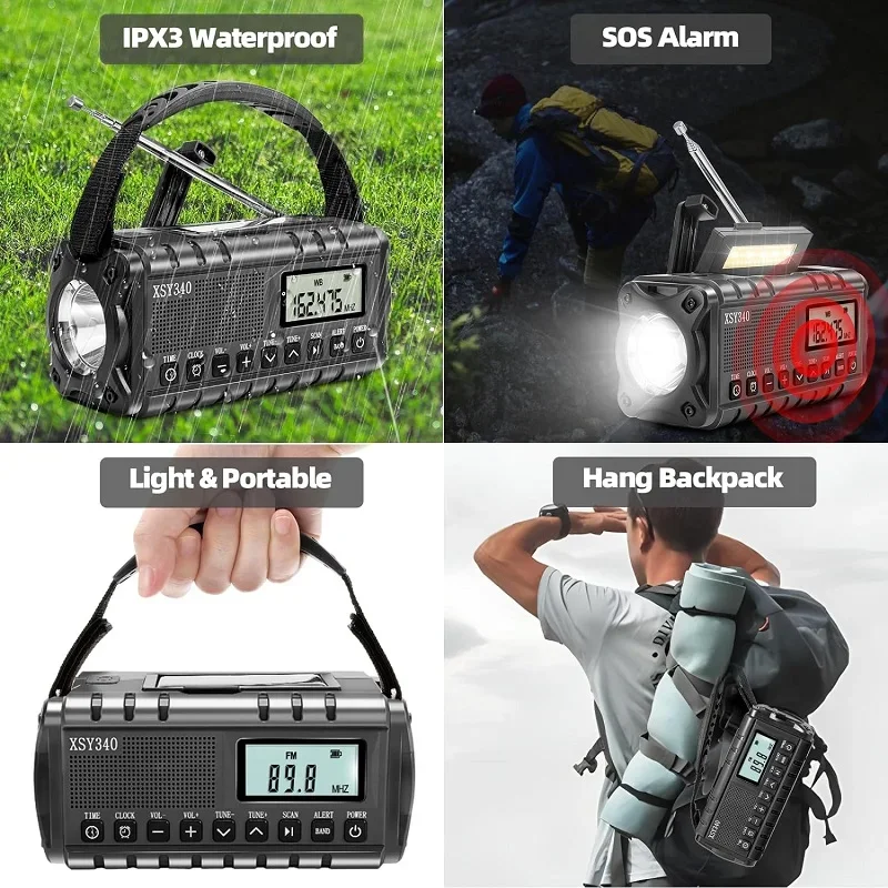 10000mAh Waterproof Emergency Radio Solar Hand Crank Weather Radios with AM/FM Flashlight Reading Lamp SOS Alarm for Outdoor - Image 5
