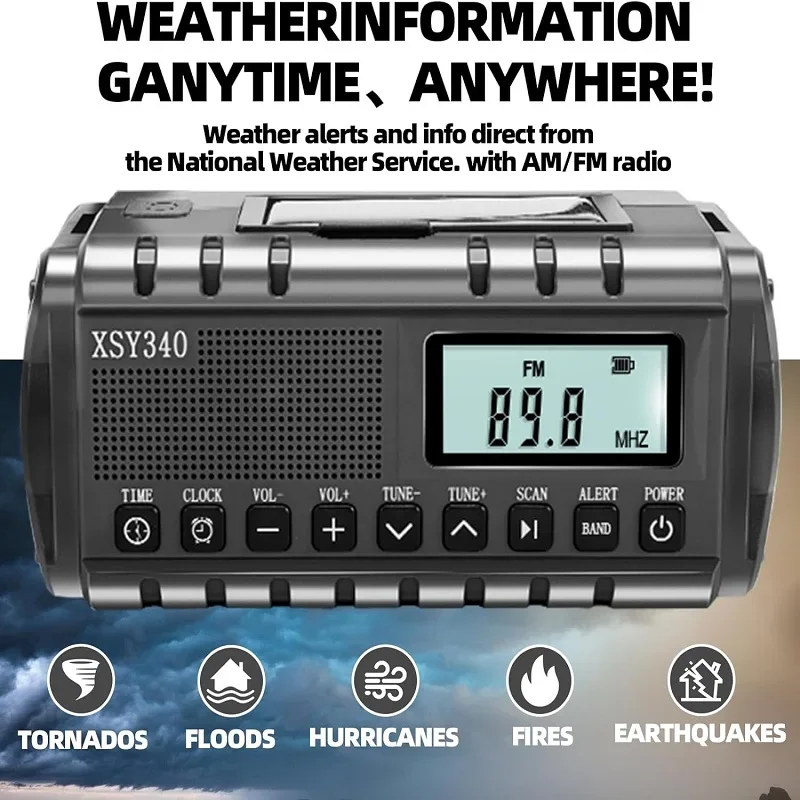 10000mAh Waterproof Emergency Radio Solar Hand Crank Weather Radios with AM/FM Flashlight Reading Lamp SOS Alarm for Outdoor - Image 6