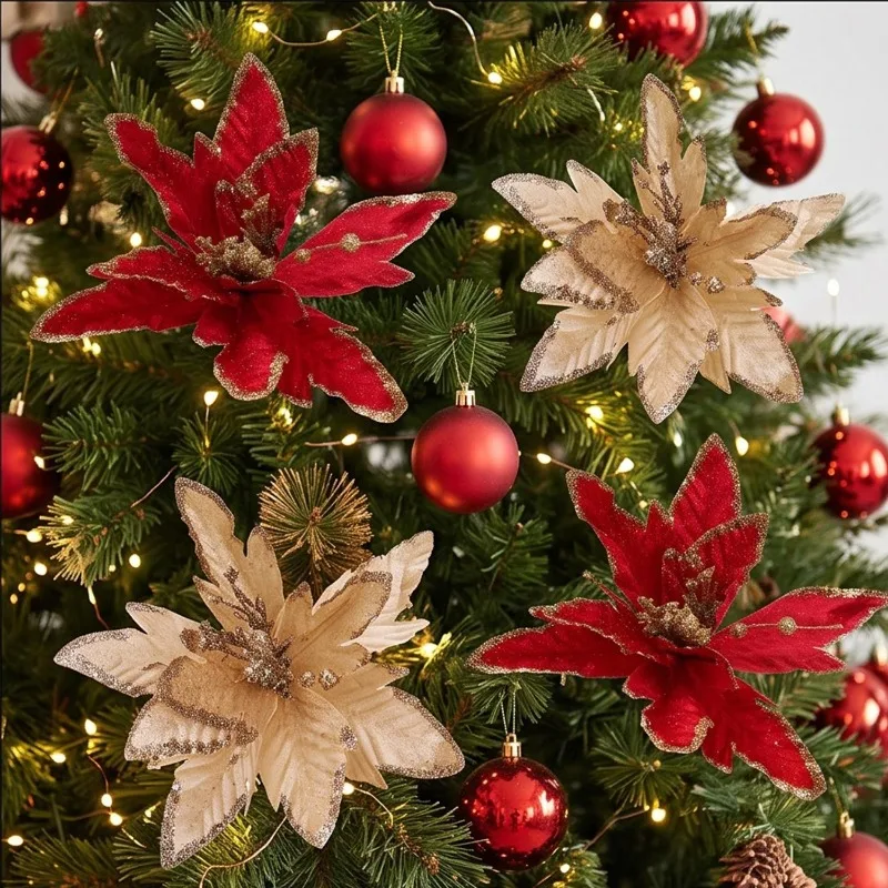 10/1PCS Artificial Christmas Flowers Fake Poinsettia Flower Xmas Tree Ornaments DIY Garlands Home Xmas Party Table Decoration - Image 2