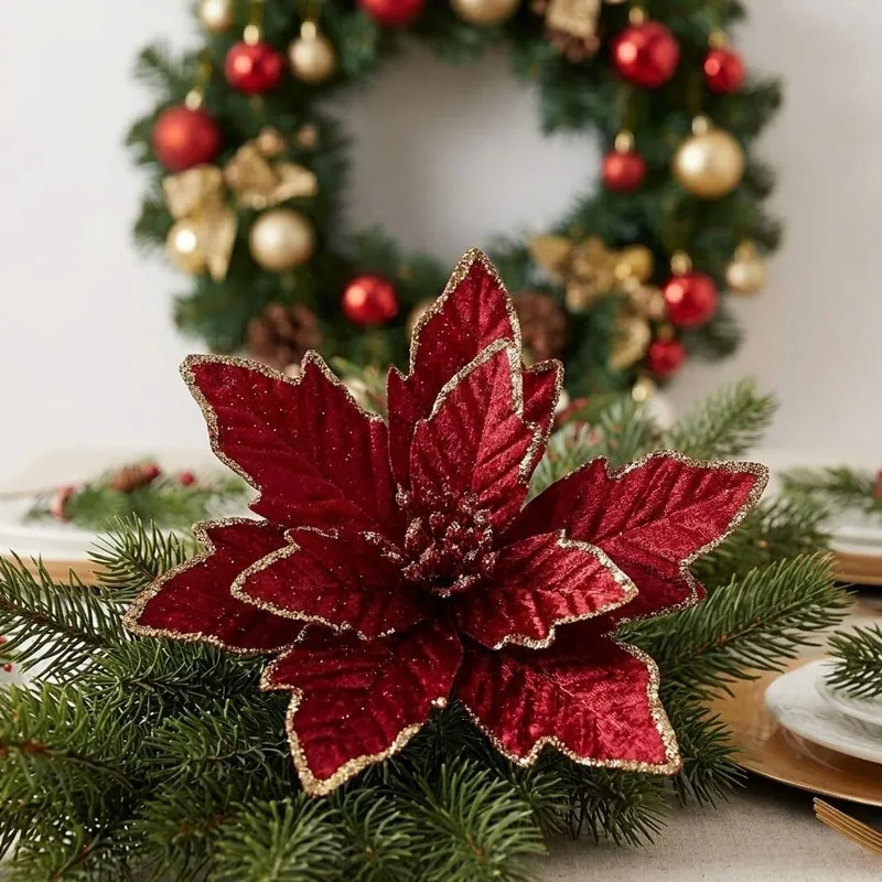 10/1PCS Artificial Christmas Flowers Fake Poinsettia Flower Xmas Tree Ornaments DIY Garlands Home Xmas Party Table Decoration - Image 4