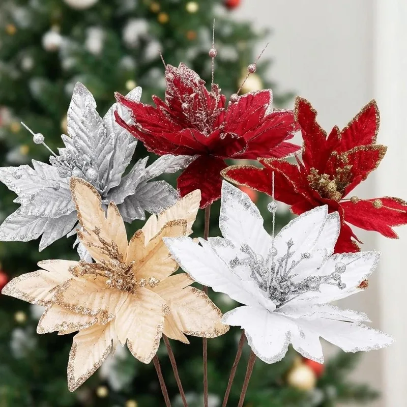 10/1PCS Artificial Christmas Flowers Fake Poinsettia Flower Xmas Tree Ornaments DIY Garlands Home Xmas Party Table Decoration - Image 6