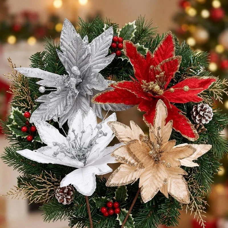 10/1PCS Artificial Christmas Flowers Fake Poinsettia Flower Xmas Tree Ornaments DIY Garlands Home Xmas Party Table Decoration - Image 3