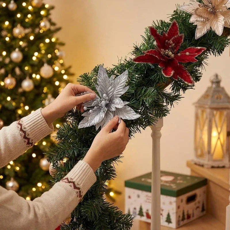 10/1PCS Artificial Christmas Flowers Fake Poinsettia Flower Xmas Tree Ornaments DIY Garlands Home Xmas Party Table Decoration - Image 5